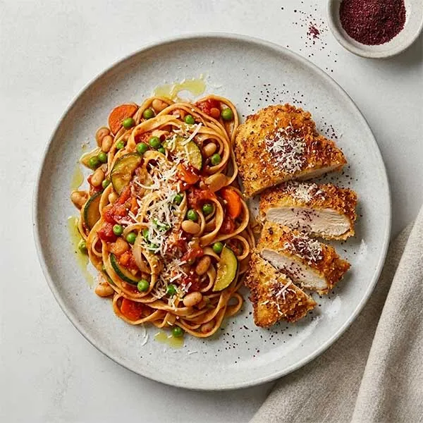 Pasta ala verdura with parmesan chicken